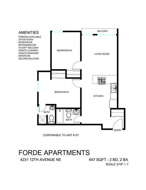 Floor plan for 2 beds, 2 baths, 721 sqft